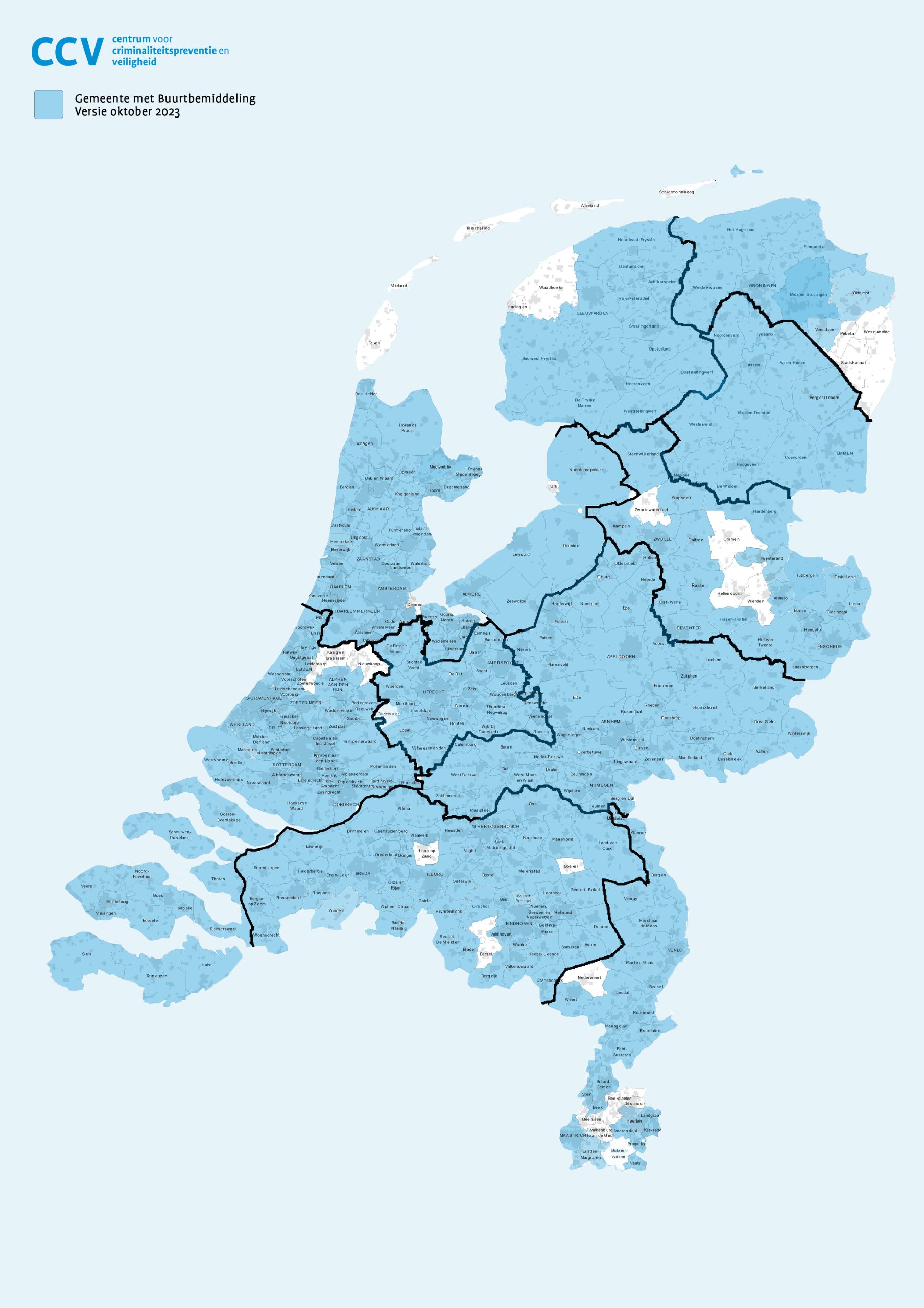 Kaart met gemeenten waar buurtbemiddeling wordt aangeboden.
