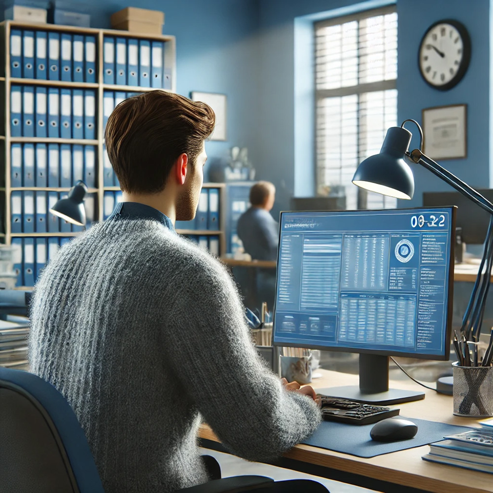 A person sitting behind a computer, processing data in a municipal office C made with DALL-E 2024